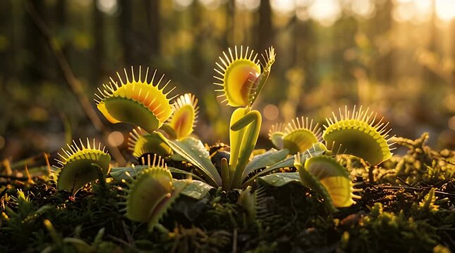 A venus fly trap plant thriving in a lush green forest with sunlight filtering through the trees