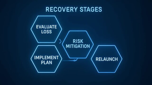 Recovery stage process flow to evaluate loss, implement plan, risk mitigation, and relaunch steps shown in glowing and blue hexagons illustrating strategic recovery stages concept