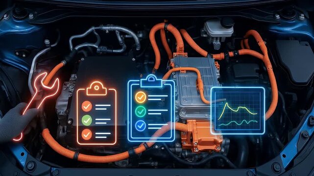Electric car engine maintenance digital checklist wrench tool diagnostics vehicle repair futuristic technology performance monitoring glowing neon interface innovative automotive service