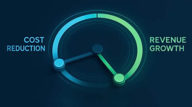 Cost reduction and revenue growth concept with glowing blue and green circular gauge, business performance indicator showing financial improvement and success, modern gauge balancing financial