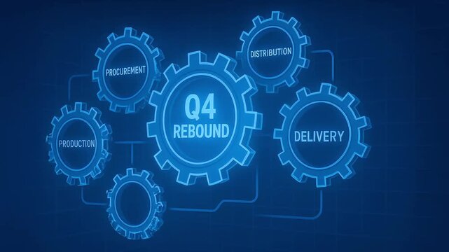 Q4 rebound concept featuring interconnected blue gear cogwheels symbolizing procurement, distribution, production, and delivery futuristic technology driven business process connection and supply