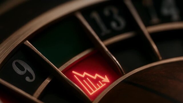 Red glowing roulette wheel close up with metallic details showing downward graph symbol on red slot symbolizing financial loss decline macro shot intense dramatic mood