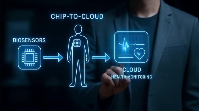 Chip to cloud health monitoring concept using biosensor chip and cloud technology for real time medical data tracking analysis with digital human interface and advanced health technology