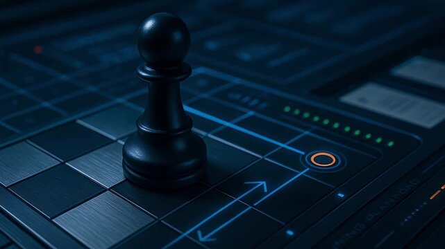 Black chess pawn on futuristic digital board with glowing blue arrows and orange target symbolizing strategy planning technology game and advanced board tactics