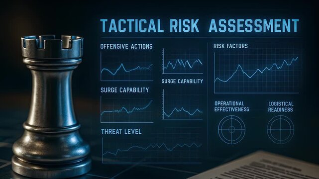 Tactical risk assessment concept featuring chess rook piece with digital charts displaying offensive actions, surge capability, threat level, risk factors, and operational effectiveness for enhanced