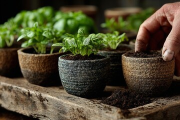 Gardner's hand planting tiny green herb seedlings in rustic pots with fresh soil