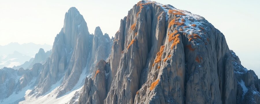 Jagged gray mountain peaks rise under a clear sky. Orange moss and patches of snow cling to the sheer rock faces. Distant hazy mountains suggest a vast, remote landscape. - Powered by Adobe