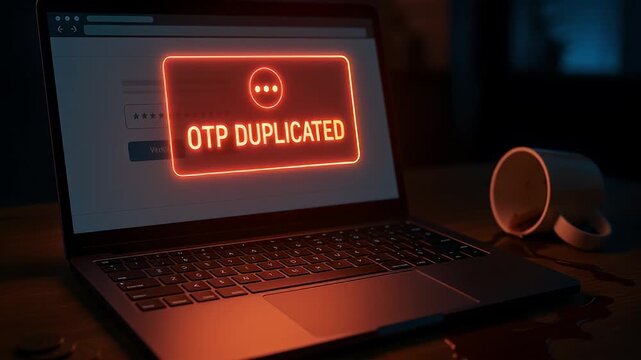 OTP duplicated warning laptop screen with spilled coffee cup wooden table dark room highlighting cybersecurity risk digital security breach concern authentication technology computer security digital