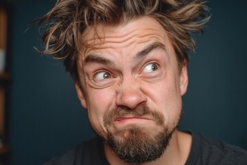 Man making a funny scrunching face, showing annoyance and disbelief