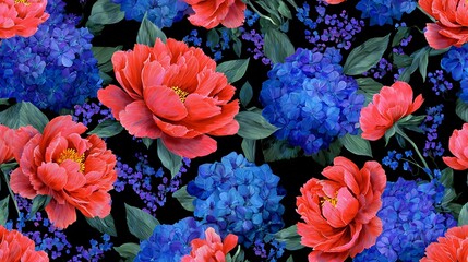 Vibrant coral peonies and blue hydrangeas on black background flowers 1