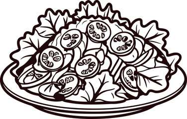 Fresh vegetable salad with sliced tomatoes, cucumbers, and leafy greens on a plate in hand drawn black line art