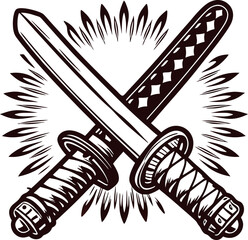 Crossed traditional japanese katanas in black and white engraving with decorative burst background