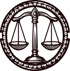 Hand drawn scales of justice emblem in vintage engraved within circular decorative border
