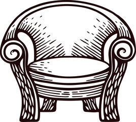 Vintage engraved illustration of antique armchair with decorative scroll arms and curved backrest isolated on white