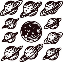 Hand drawn sketch of planets and moon set in vintage graphic with black lines on white background