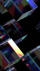 Abstract iridescent glass cubes on a black background, vertical orientation, 3d render