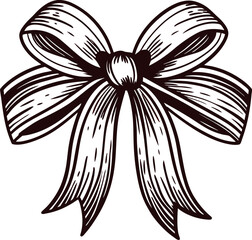 Elegant hand drawn ribbon bow isolated on white background in vintage engraved sketch illustration