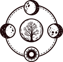 Phases of the moon and sun surrounding leafless tree in minimalist black line astronomy illustration