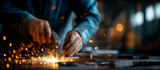 2026 new year numbers metal sparks with welder in workshop heavily defocused background industrial celebration visualization craftsmanship milestone display with copy space