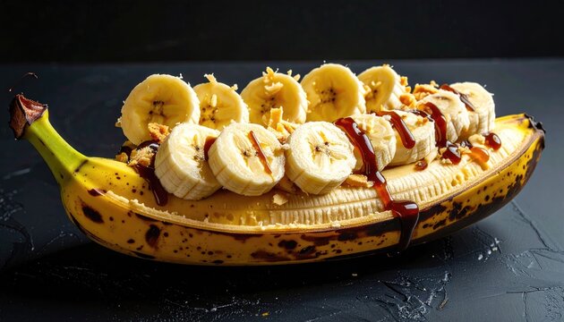 Split banana dessert topped with sliced bananas chocolate sauce and chopped nuts on a dark textured surface with dramatic lighting - Powered by Adobe