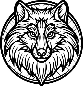 Detailed hand drawn wolf head in monochrome circular emblem with bold lines and ornamental elements