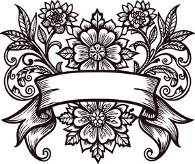 Vintage floral ornament with blank ribbon banner and ornate flowers in engraved illustration