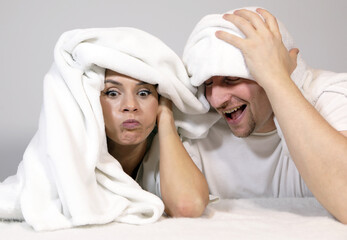 man and woman in bed. Couple in love. Sensual couple. Bedroom. Photo. People. Happy day. Funny