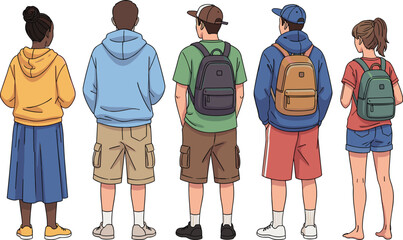 Five cartoon people standing with their backs to the viewer wearing casual clothes