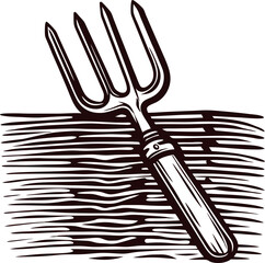 Vintage hand drawn garden fork sketch on textured wooden planks, classic engraving illustration