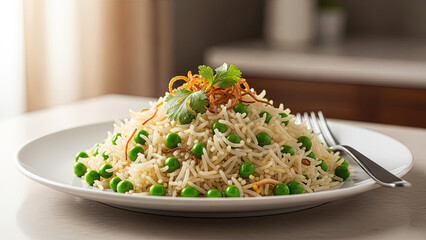 A delicious plate of fragrant Basmati rice with green peas and crisp fried onions is beautifully presented.