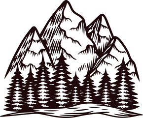 Hand drawn mountain landscape with evergreen pine trees, snowy peaks, and rocky cliffs in vintage engraving