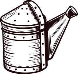 Antique metal watering can illustration with handle and spout, vintage hand drawn garden tool isolated