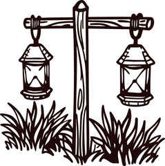 Rustic wooden post with hanging lanterns and tall grass hand drawn black and white illustration