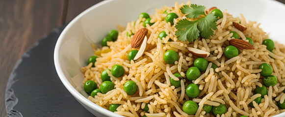 A close-up shot of fragrant basmati rice pilaf with green peas, sliced almonds, and fresh cilantro garnish in a white bowl.