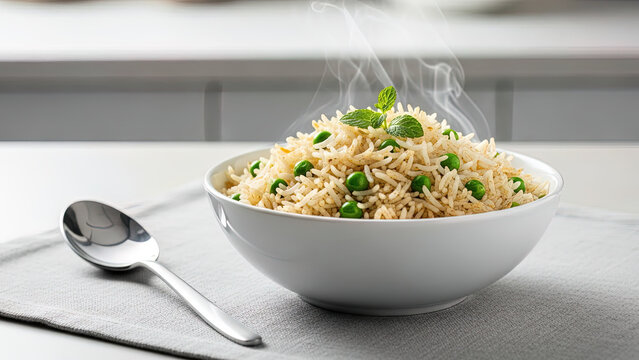 A steaming hot bowl of aromatic Basmati rice with bright green peas and fresh mint leaves.