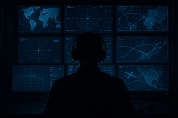 Person in dark room monitoring multiple screens with global data and radar systems