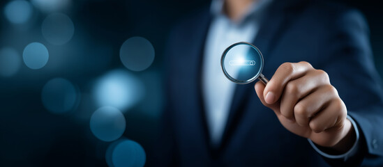 Faceless hand holding magnifying glass over search bar 2026 trends heavily defocused background anonymous person symbolizing trend forecasting marketing new ideas strategic plan