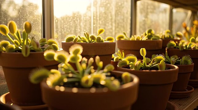 Venus Fly Trap plants thriving in terracotta pots on a sunny greenhouse shelf