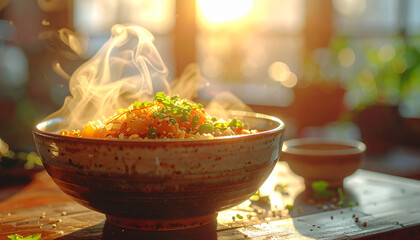 Steaming Bowl of Culinary Delight: A close-up shot of a ceramic bowl, filled with a delicious, steaming dish, bathed in the warmth of the sun. Emitting delicate steam.