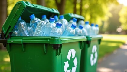 Green recycling bins overflow with plastic bottles in a sunny park. Outdoor containers collection for waste sorting and reuse. Plastic trash management for cleaner earth.