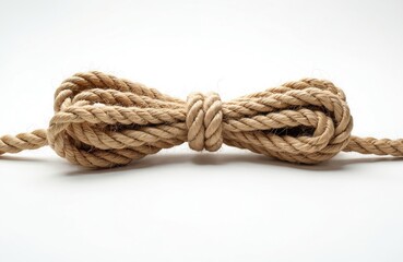 Obraz premium Natural fiber rope tied in a knot lies on a plain white background. The thick twisted cord shows a rough texture and creates a strong connection. This object has a nautical feel.