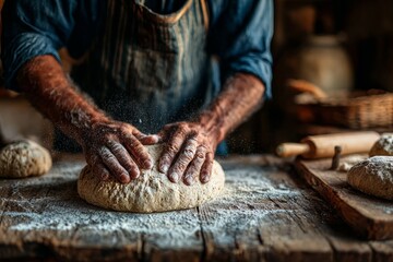 Baker hands kneading bread dough on a floured wooden table, showing traditional preparation