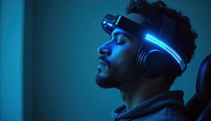 Man wears advanced VR headset with headphones, eyes closed. Tech helps regulate stress and improve focus, aiding mental wellness. Futuristic biofeedback device uses blue light.