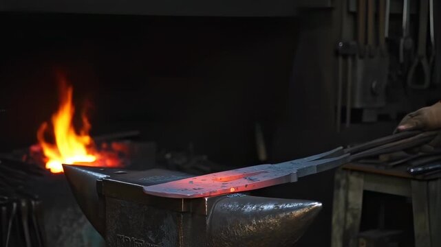 A blacksmith forges hot metal on an anvil, near a roaring fire