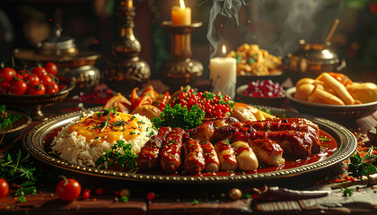Feast of Flavors: A grand display of a delicious and satisfying assortment of a freshly made food. The picture evokes warmth and tradition and is ready to enjoy and share. 