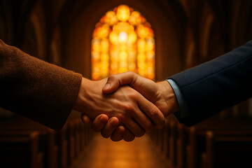 Business partners shaking hands in church with stained glass window