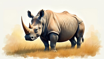 Obraz premium A rhinoceros stands in dry yellow grass. The large mammal has a powerful horn and thick skin. Watercolor art depicts this African animal in a natural, earthy setting.