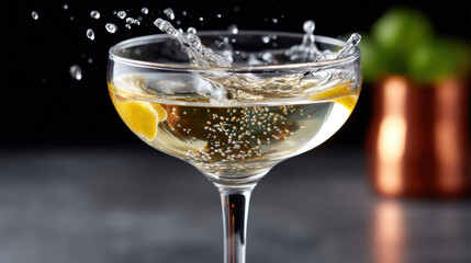 Dynamic cocktail swirl in glass with lemon slice and splash on dark background creating lively motion