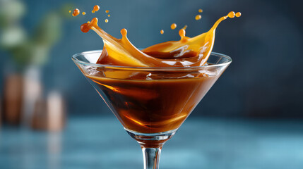 Dynamic swirl of cocktail in glass creates vibrant splash with rich amber liquid captured in motion