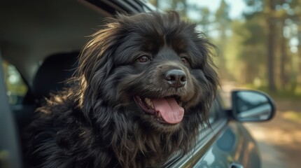 A fluffy black dog with its head out the car window enjoying a sunny day outside